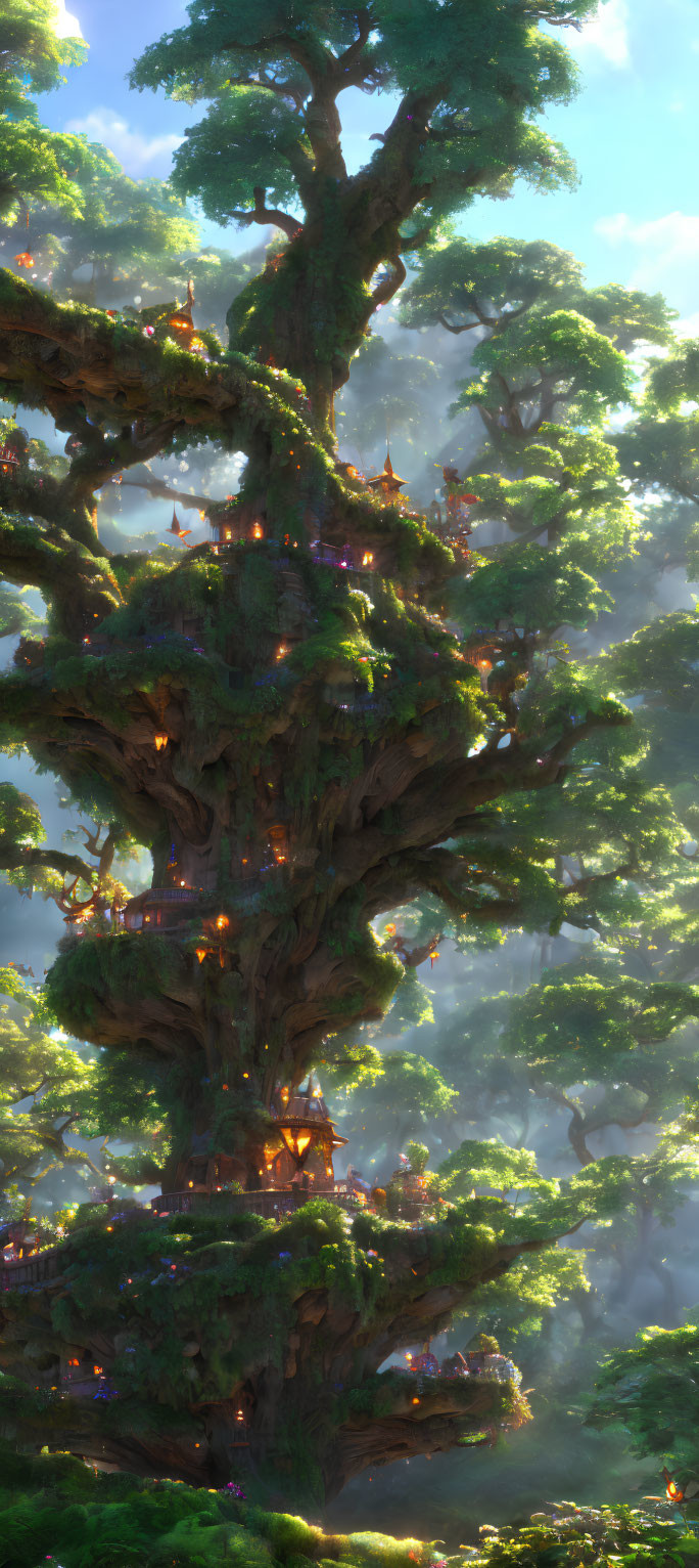 Glowing lights adorn giant tree in mystical forest