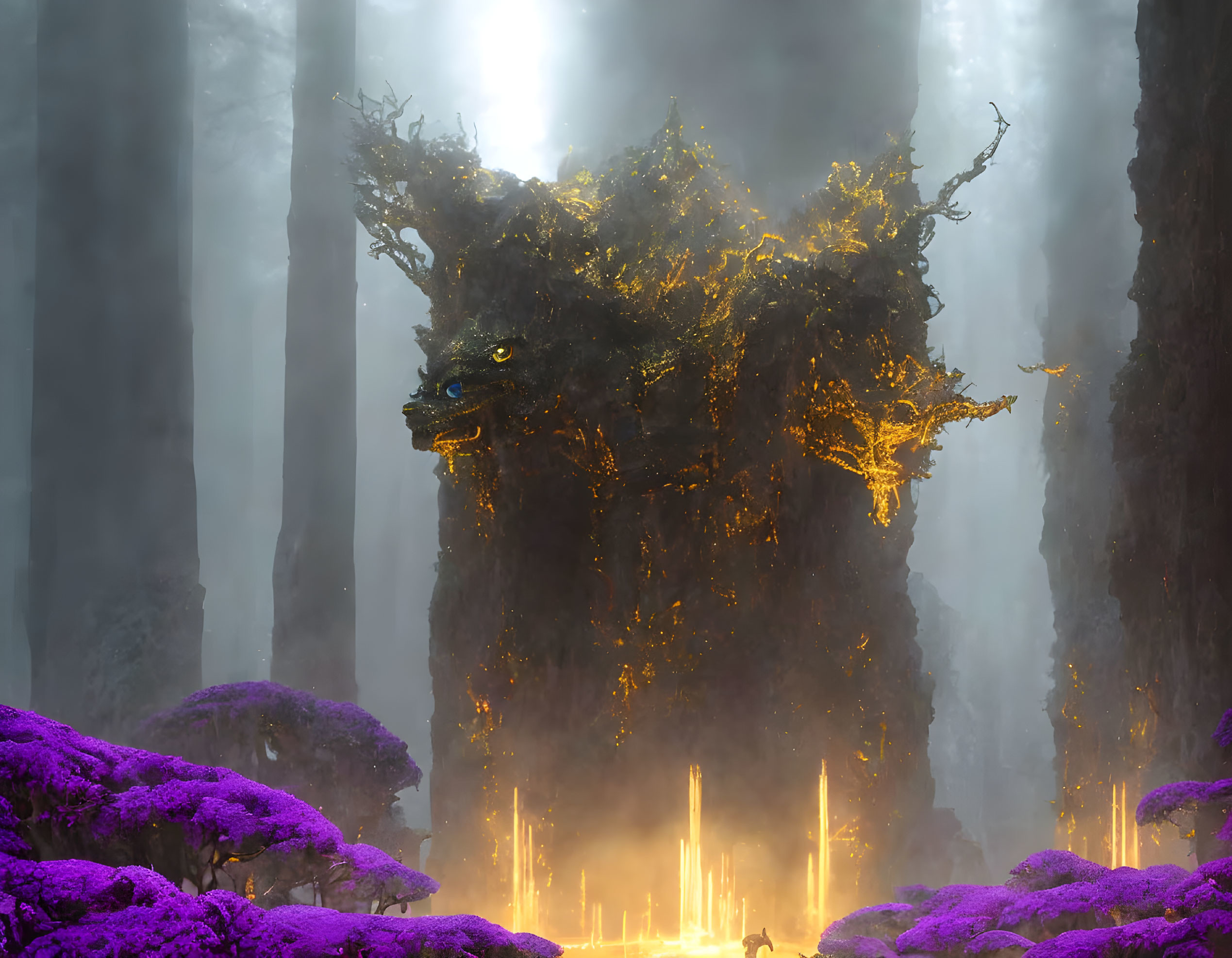 Mystical forest scene with glowing eyes and towering tree-like creature