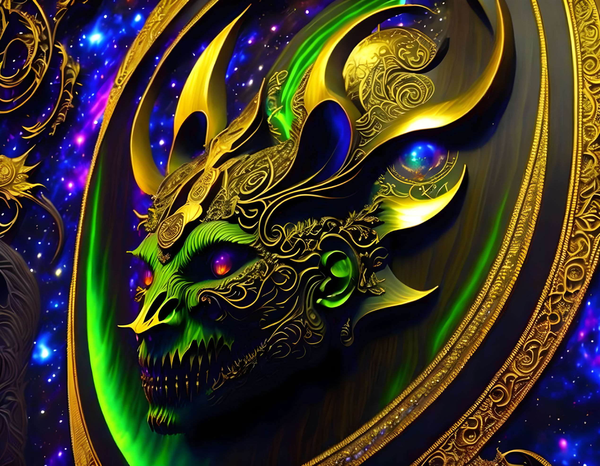 Golden dragon digital artwork on cosmic backdrop with swirling patterns