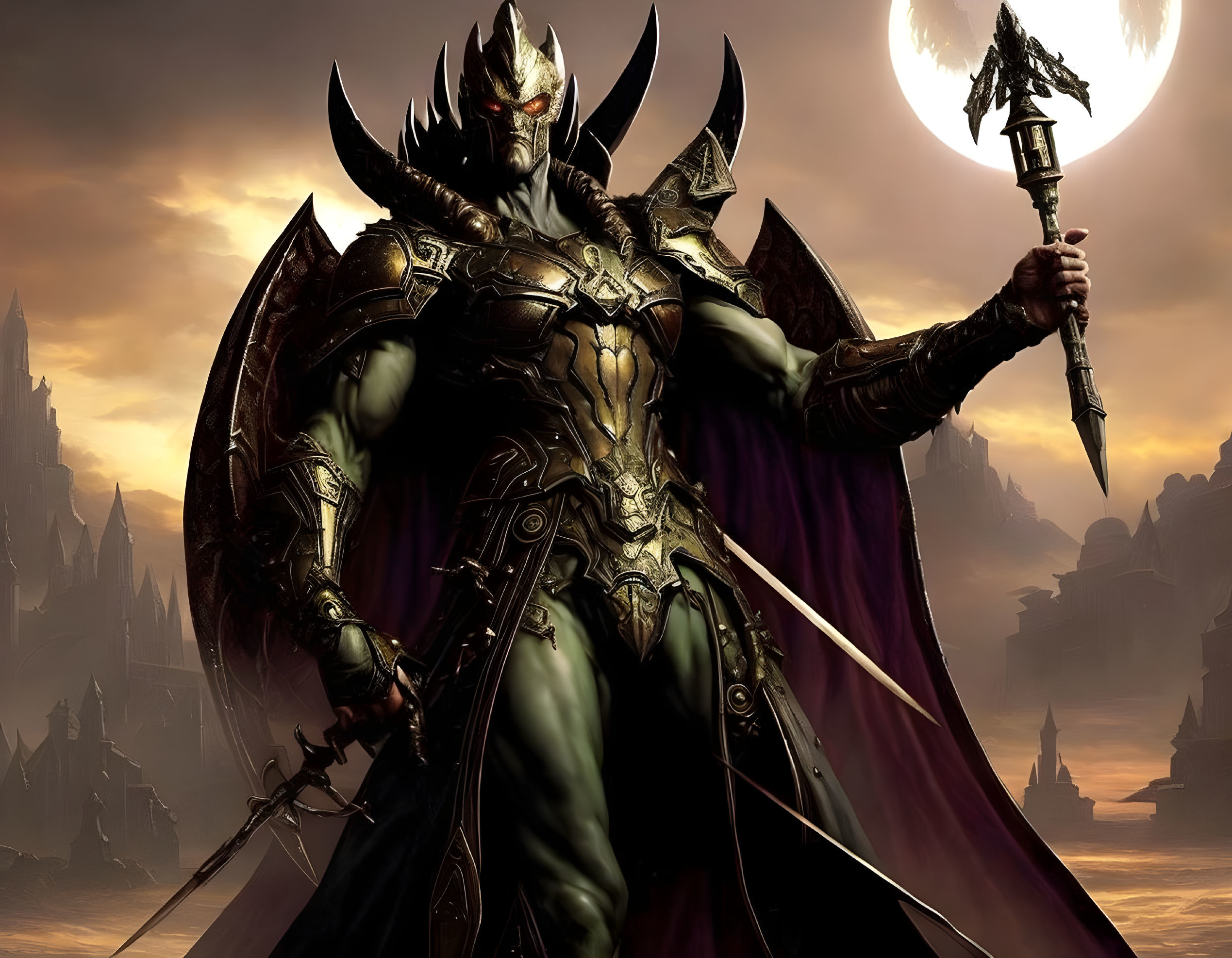 Armored character with horns and spear under dark sky