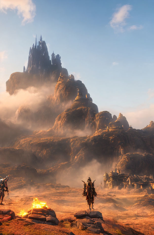 Fantasy sunrise landscape with spires, armored characters, and mystical city.