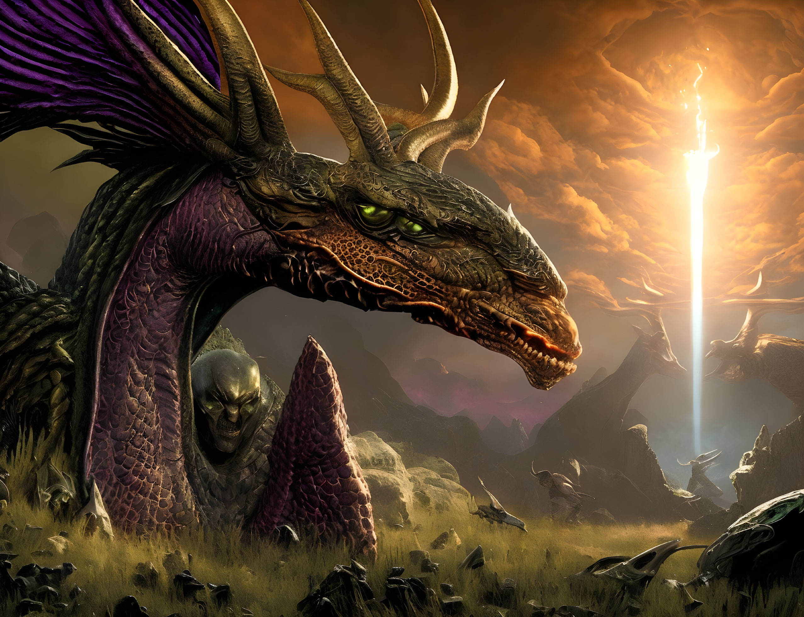 Purple-winged dragon and cloaked figure with glowing sword in mountainous dusk scene