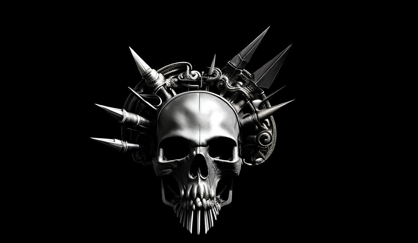 Metallic skull with spikes and cybernetic enhancements on black background