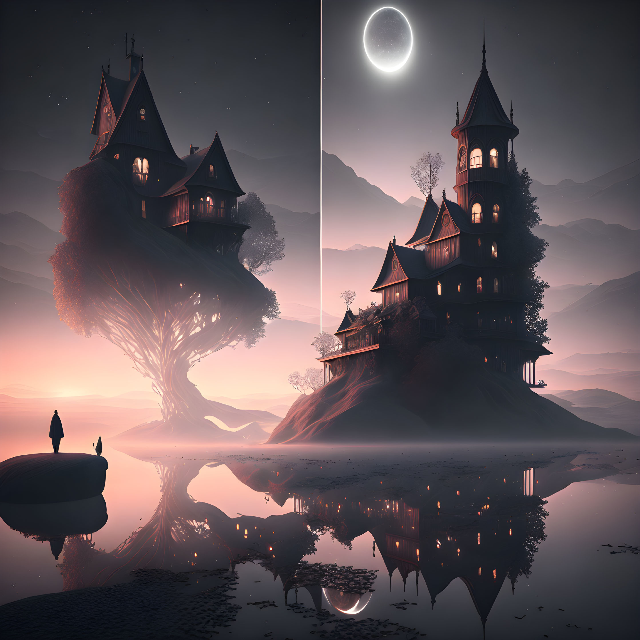 Gothic Fantasy Twin Treehouses by Calm Lake at Twilight