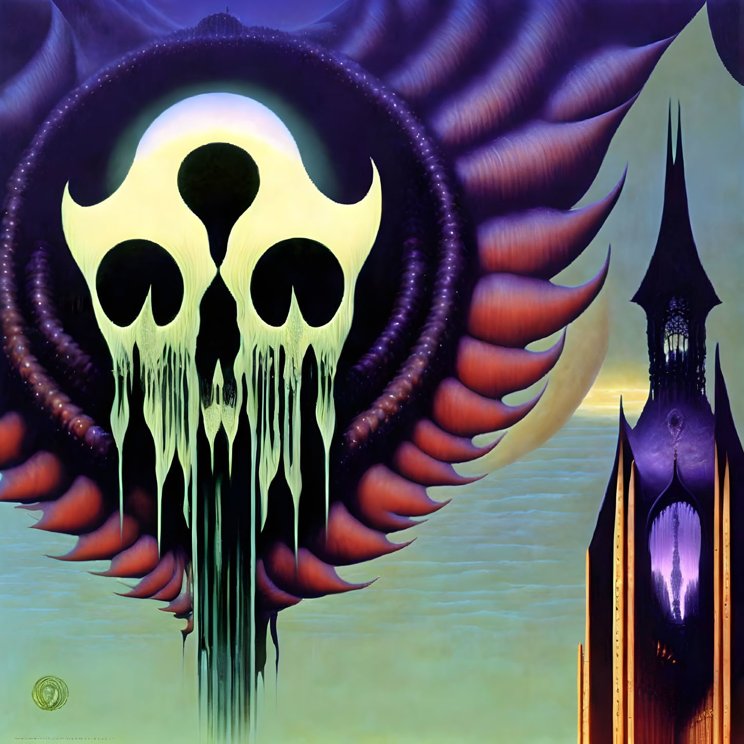 Surreal artwork featuring melting skull emblem, moon, tentacle-like structures, and spire-like