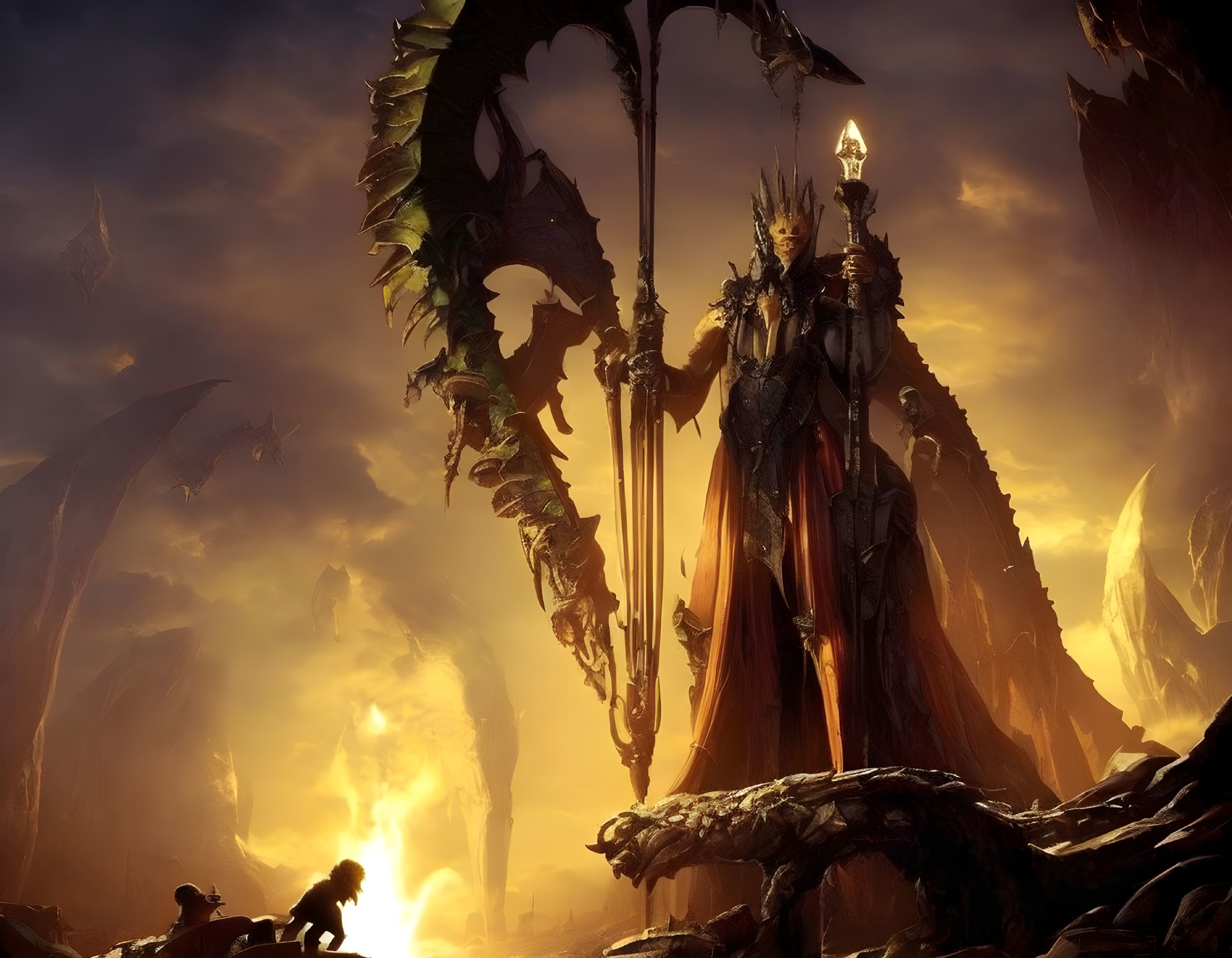 Majestic fantasy scene with towering armored figure, dragon-like wings, and observer.