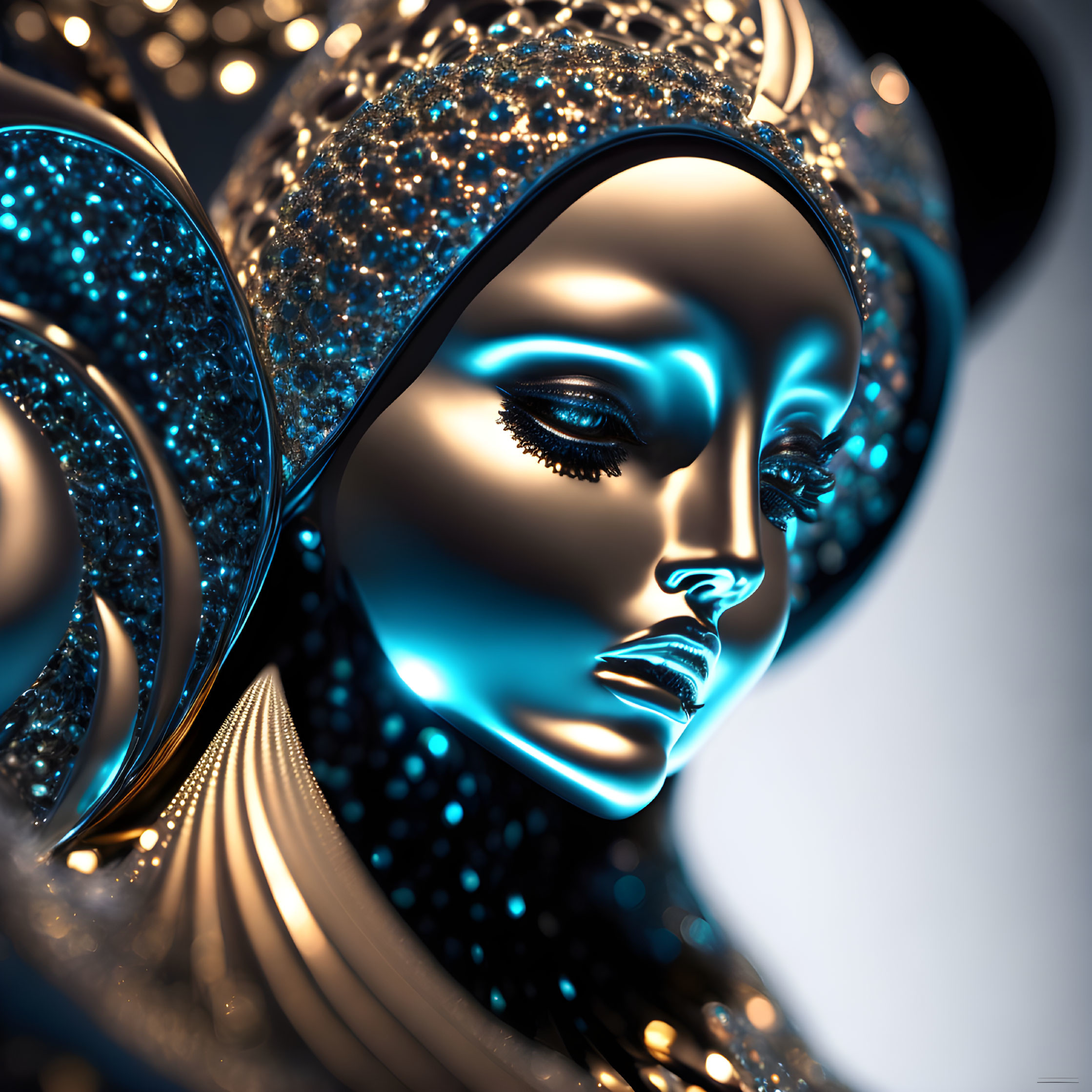 Shimmering blue humanoid figure with ornate headdress