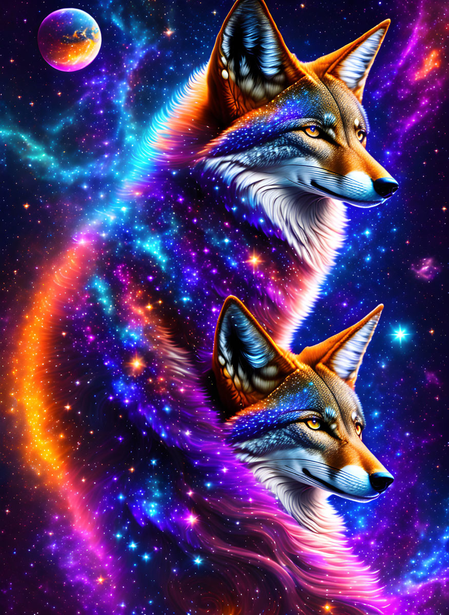 Vibrant fox faces in cosmic galaxy with stars, nebulas, and planet