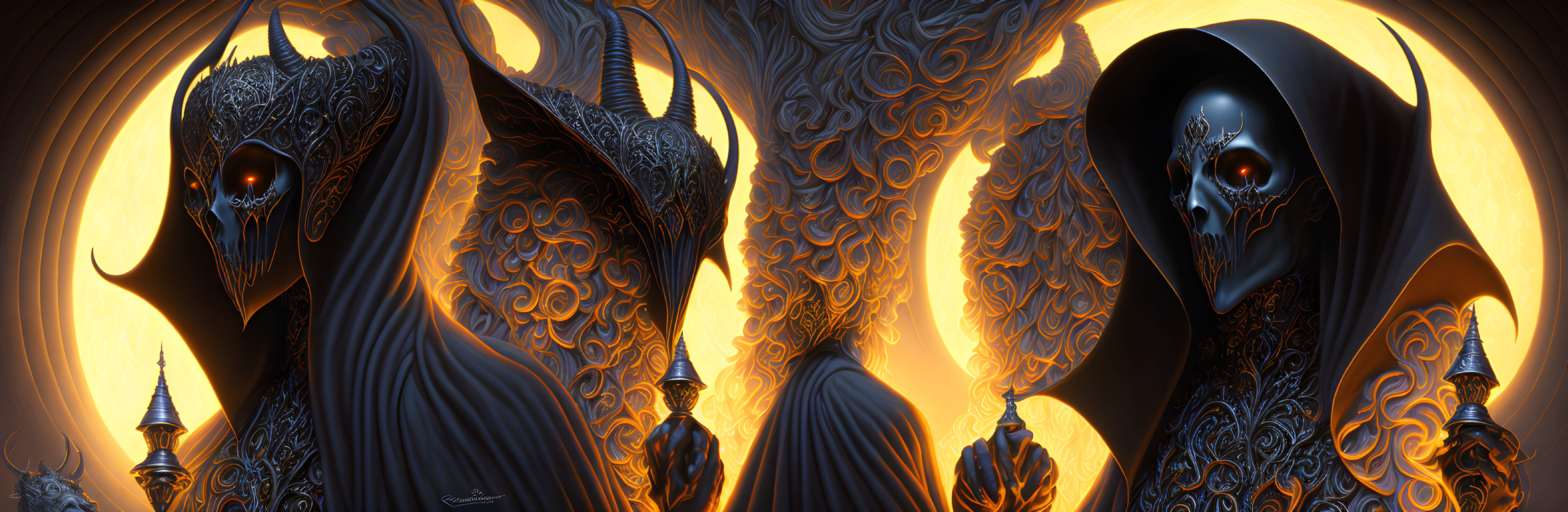 Panoramic dark fantasy art with ornate figures and glowing eyes