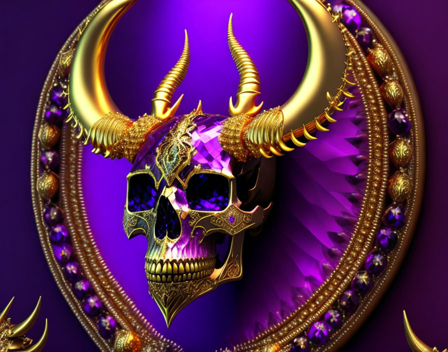 Decorative skull with horns and gold details on purple backdrop.