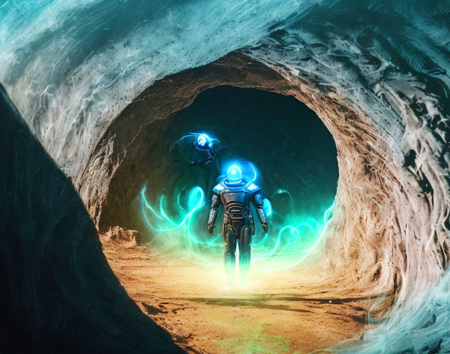 Futuristic figure in blue suit explores eerie root-lined tunnel with glowing orb