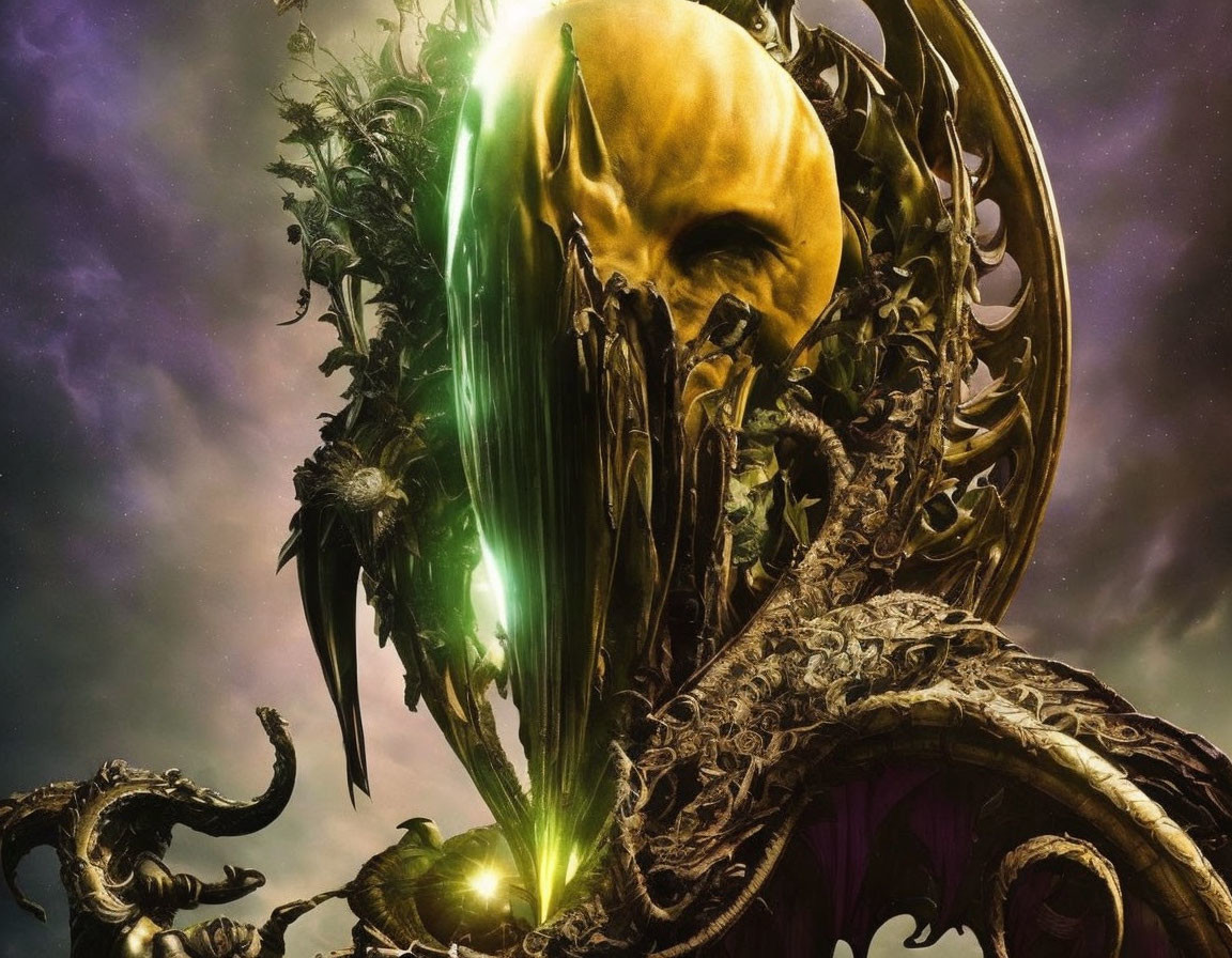 Golden skull with metallic decorations glowing green eyes against cloudy sky