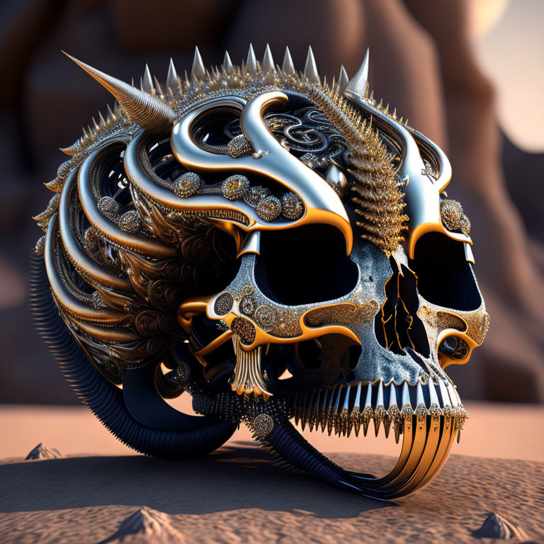 Detailed Ornate Metallic Dragon Skull with Horns and Gear-like Structures on Rocky Background