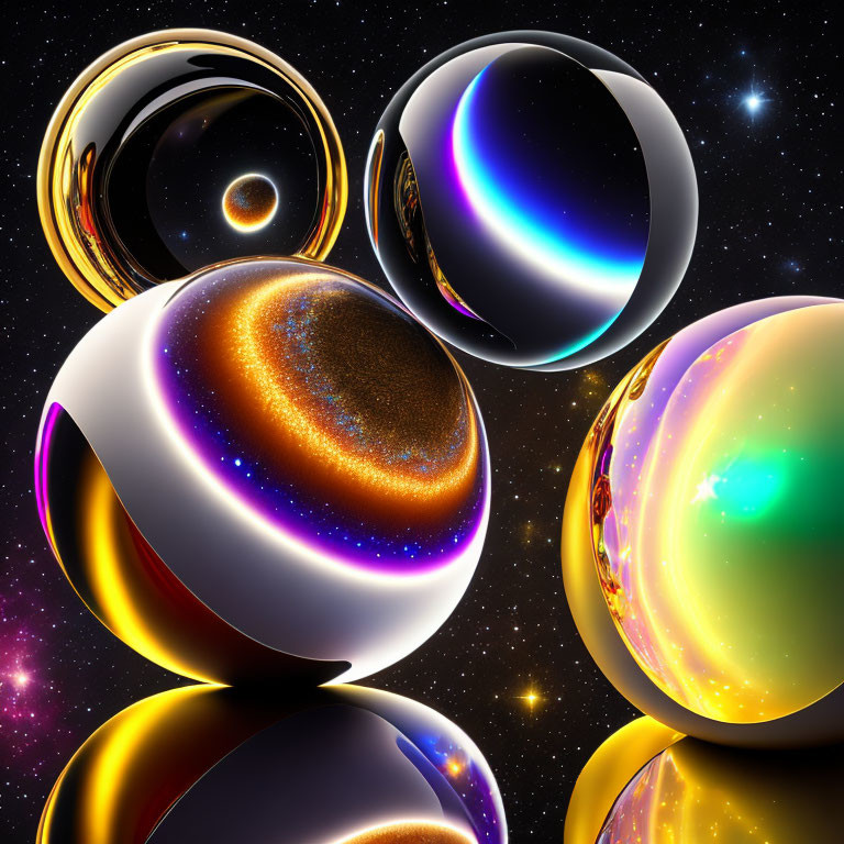 Colorful reflective spheres on cosmic background