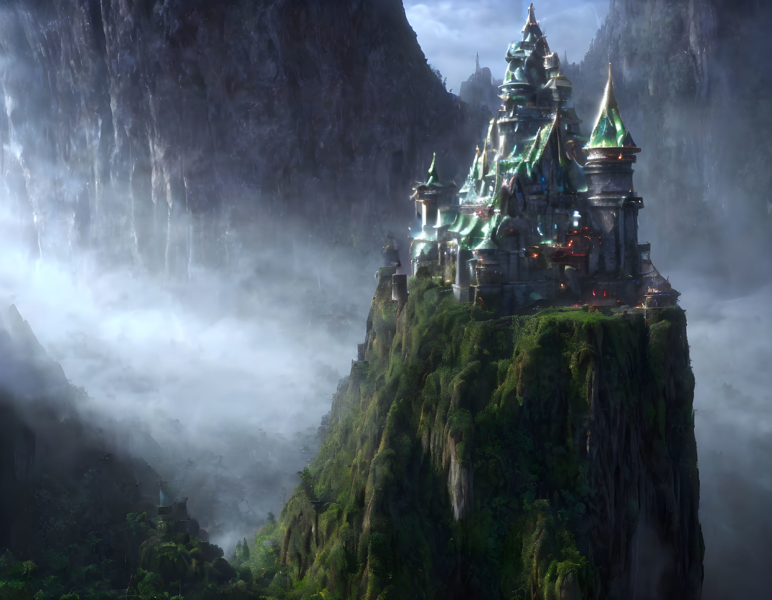 Ethereal fantasy castle on misty cliff with waterfalls