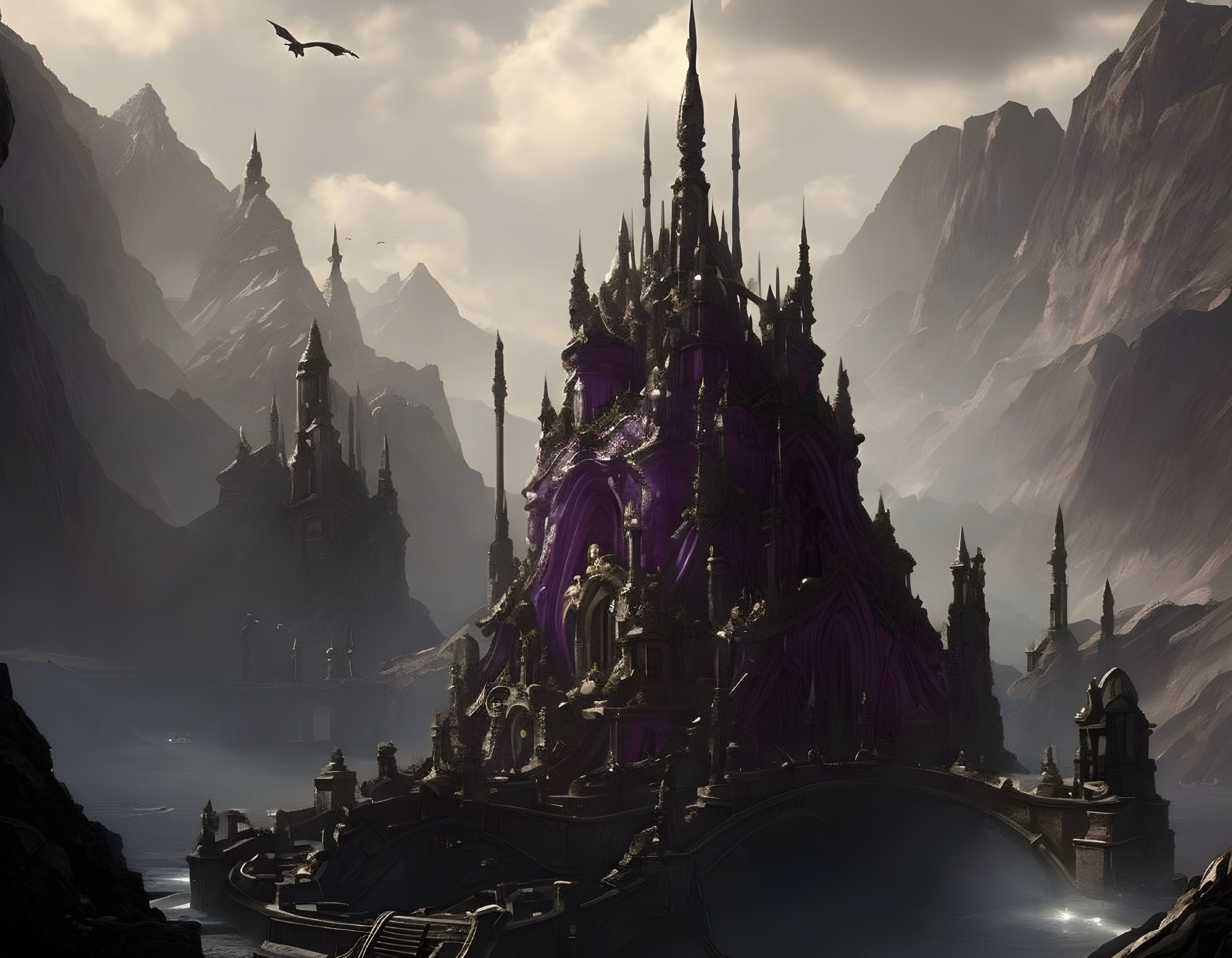 Gothic castle with spires under dramatic sky, mountains, water, purple aura, bird.