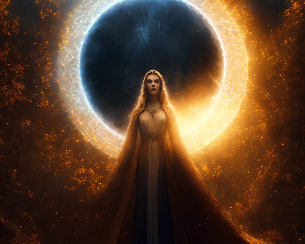 Majestic figure in flowing robe before cosmic eclipse