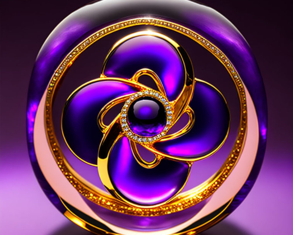 Abstract 3D rendering of glossy spherical object with purple and golden swirls on dark background