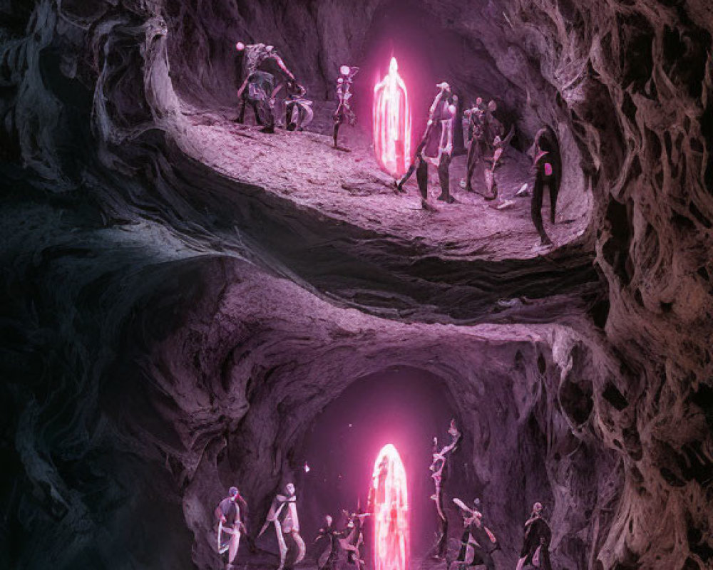 Surreal digital artwork: Two groups in bioluminescent cave