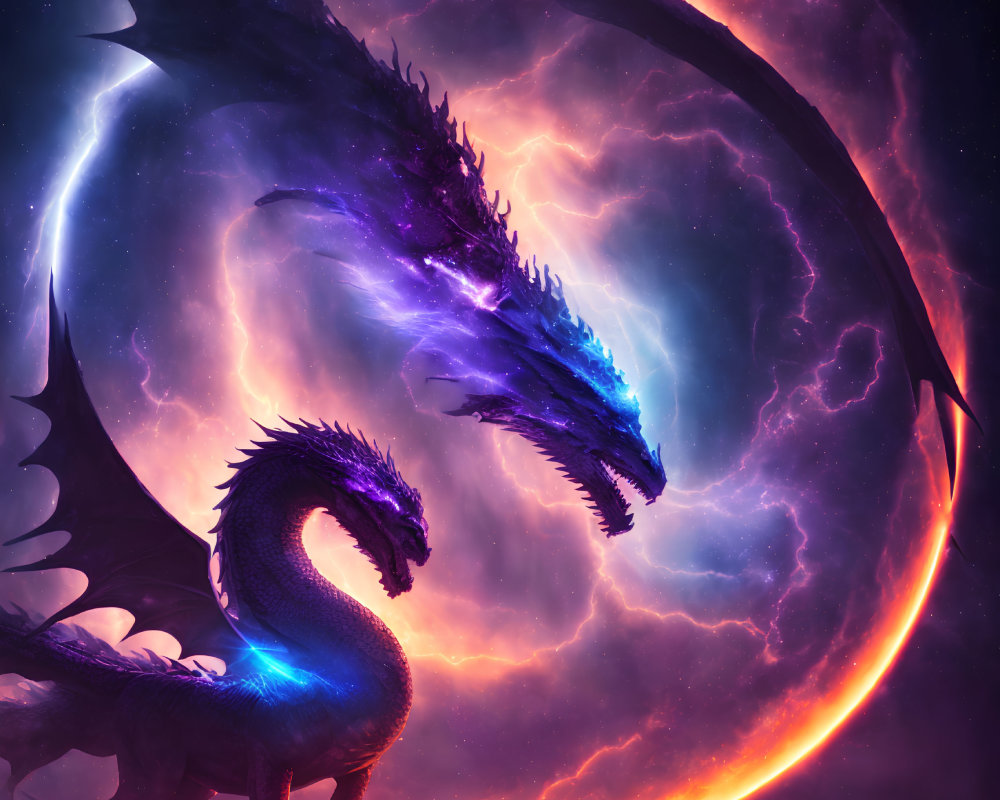 Majestic Blue Dragon in Purple and Orange Cosmic Sky