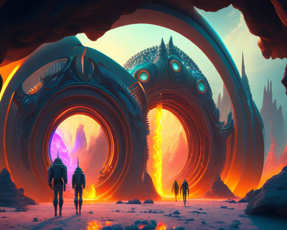 Sci-fi scene: Two figures near alien archway under crimson sky