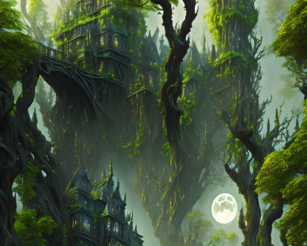 Mystical moonlit green forest with gothic treehouse