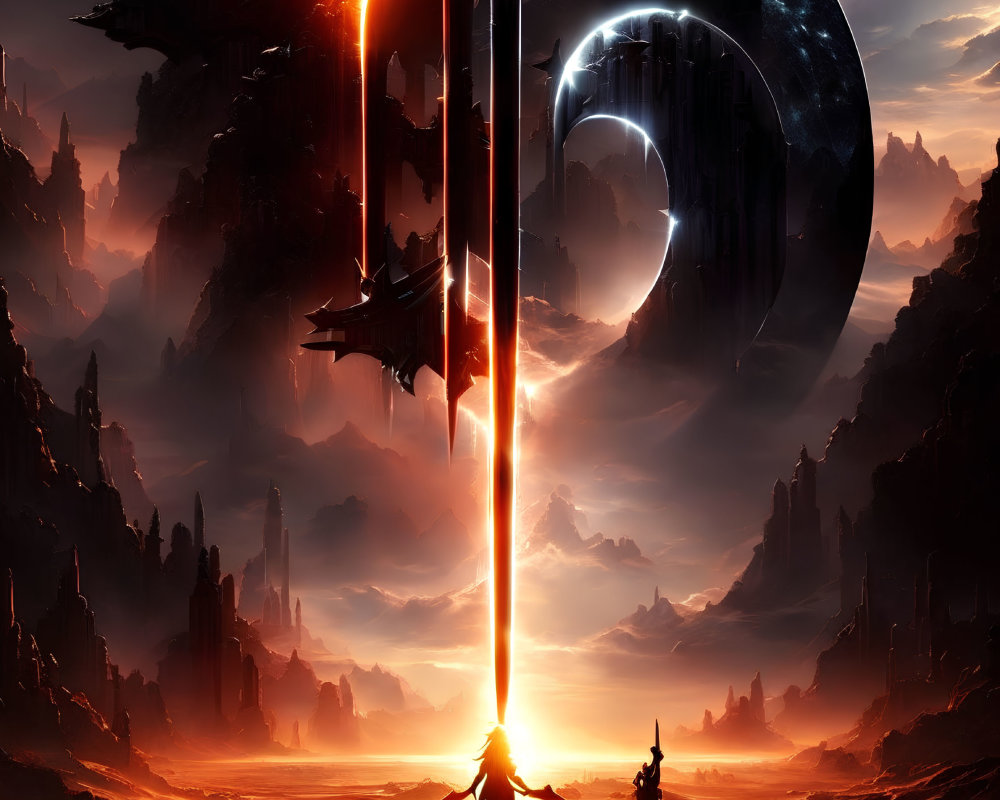 Figure silhouette against futuristic landscape with glowing sword and celestial moon