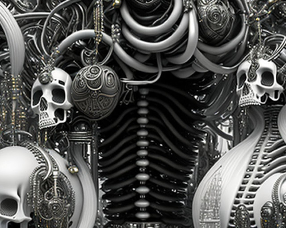 Monochrome digital artwork: Human skulls merge with mechanical elements in abstract landscape