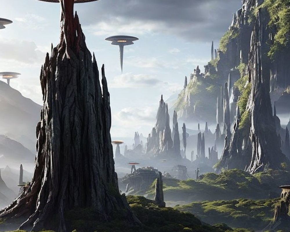 Fantastical landscape with towering rock formations and alien mushroom-like structures amid lush greenery