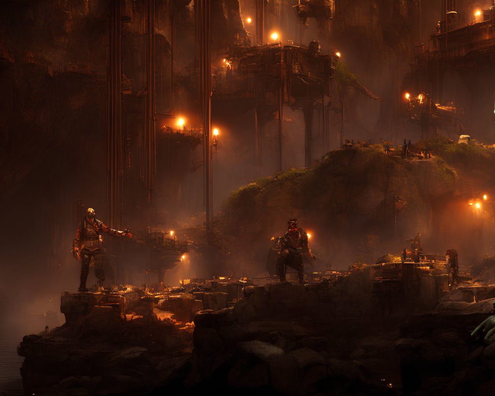 Dystopian underground landscape with armed figures, large skull, rocky terrain, and industrial structures lit by