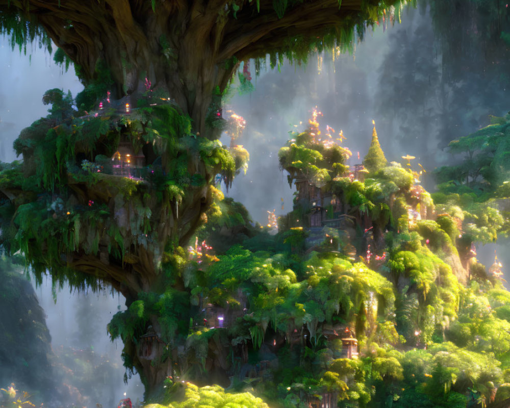 Mystical towering tree with lush green foliage and intricate dwellings in misty forest