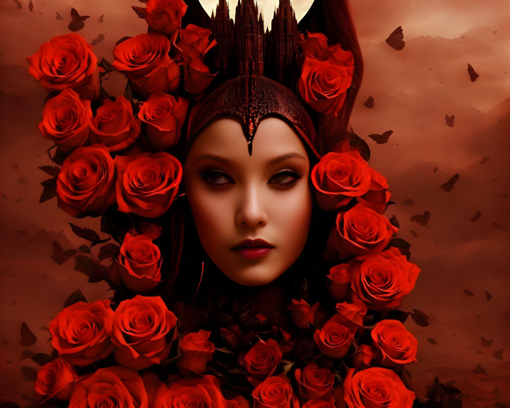 Fantastical image of woman's face with red roses and gothic castle