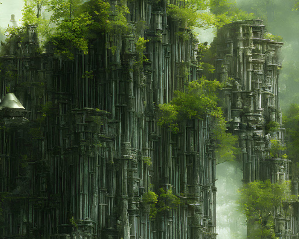 Mystical forest with ancient ruins and foggy atmosphere