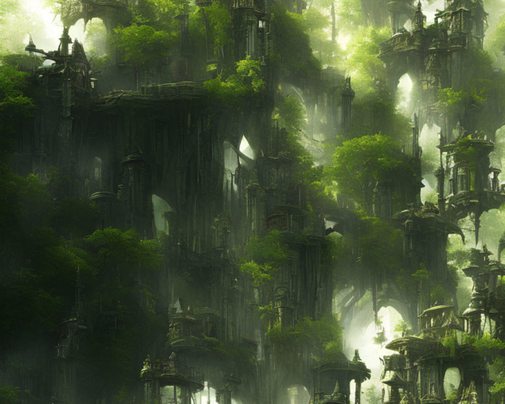 Ancient ruins in mystical forest with waterfalls and sunlight.