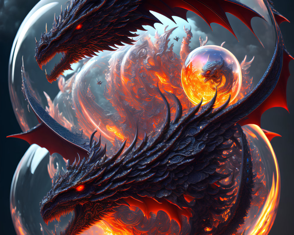Fiery dragon with glowing eyes and reflective orbs on dark background