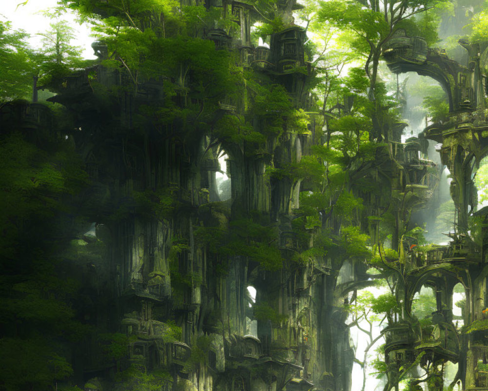 Mystical forest with lush green trees and ancient ruins or treehouses in foggy setting