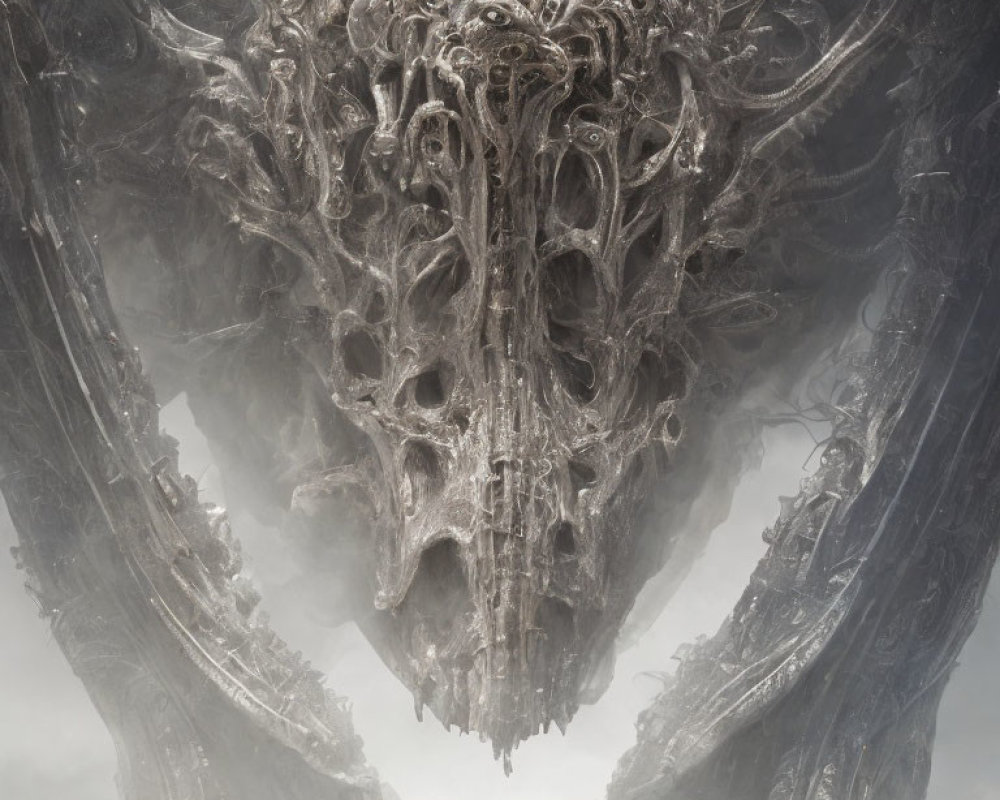 Gothic skull-embedded structure in hazy, monochromatic atmosphere