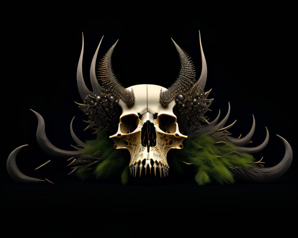 Skull with horns, feathers, and beads on black background