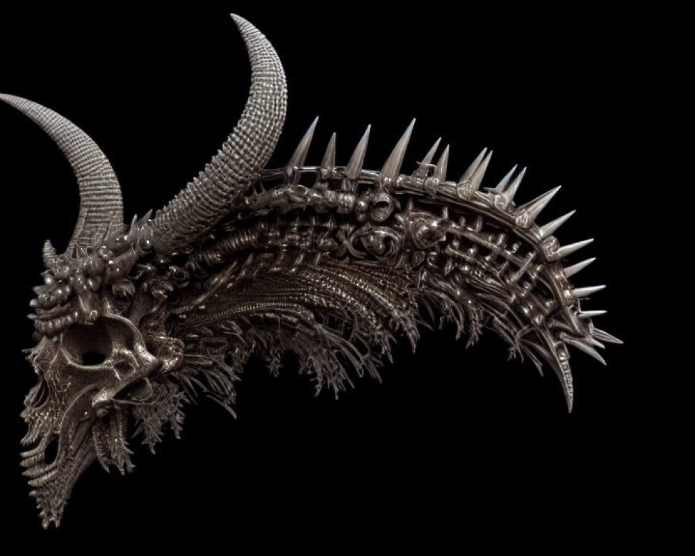 Detailed Metallic Dragon Head Sculpture with Sharp Horns and Scales on Black Background