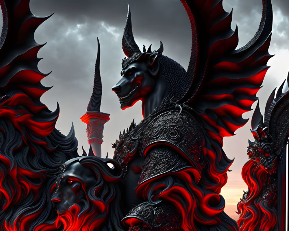 Imposing black dragon-horse and dark figure in gothic setting