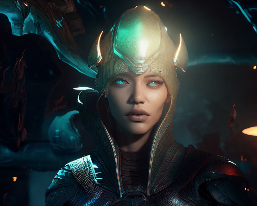 Female warrior with glowing blue eyes and ornate helmet in mystical setting