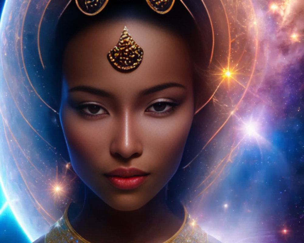 Serene woman in golden headdress against cosmic backdrop