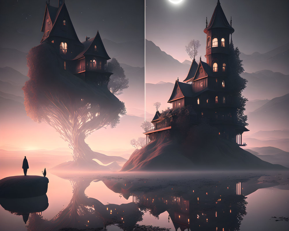 Gothic Fantasy Twin Treehouses by Calm Lake at Twilight