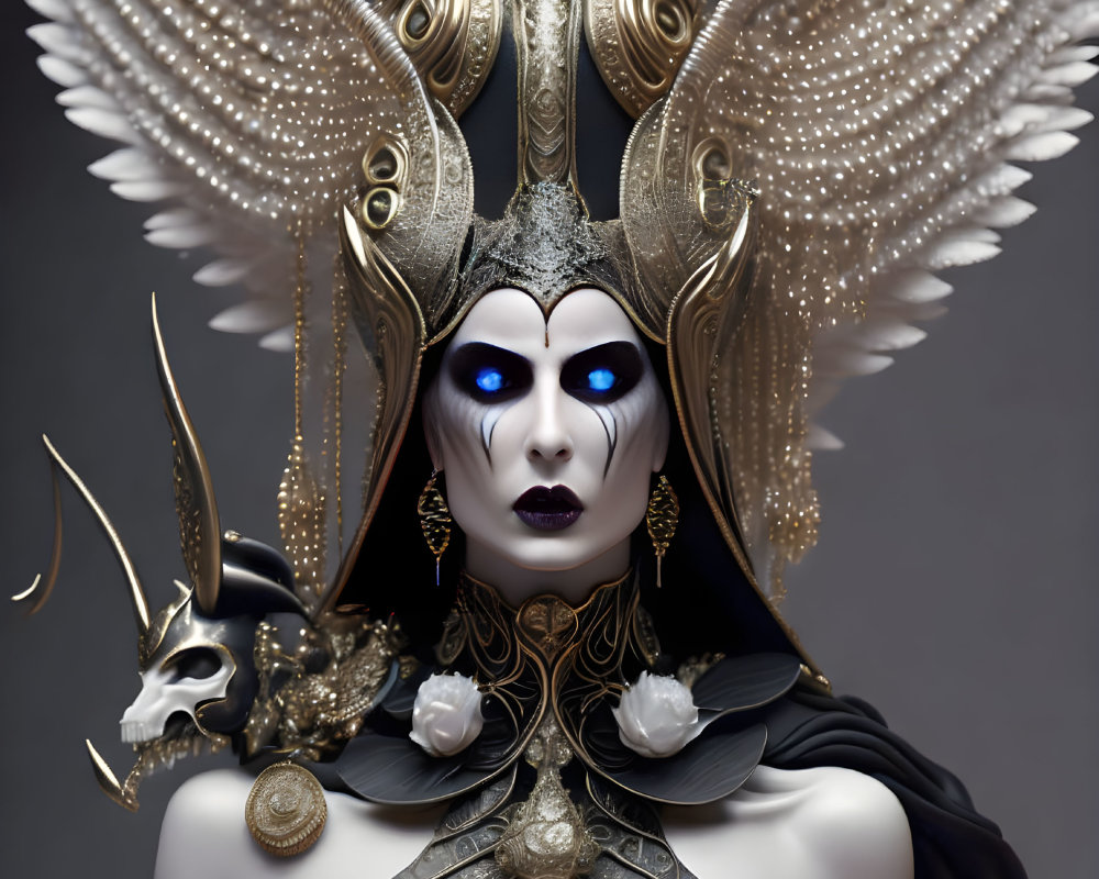 Fantasy character with gold and white headdress, glowing blue eyes, dark makeup, and skull on