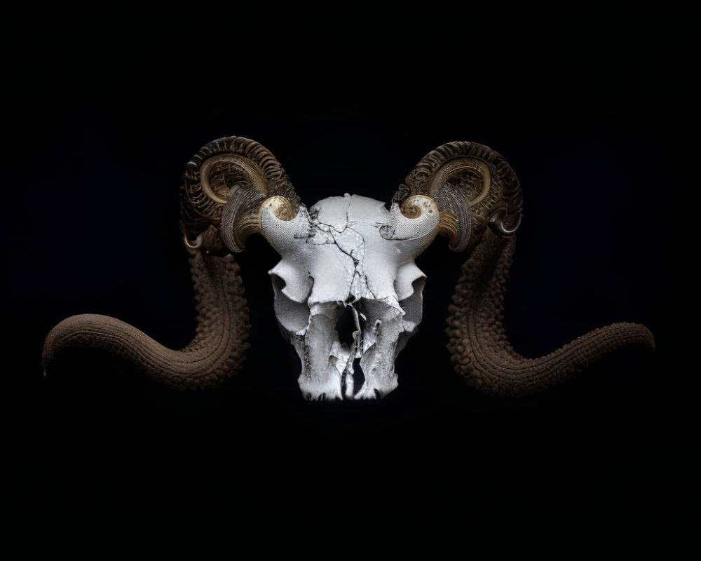 Symmetrical Ram Skull with Horns and Snakes on Black Background