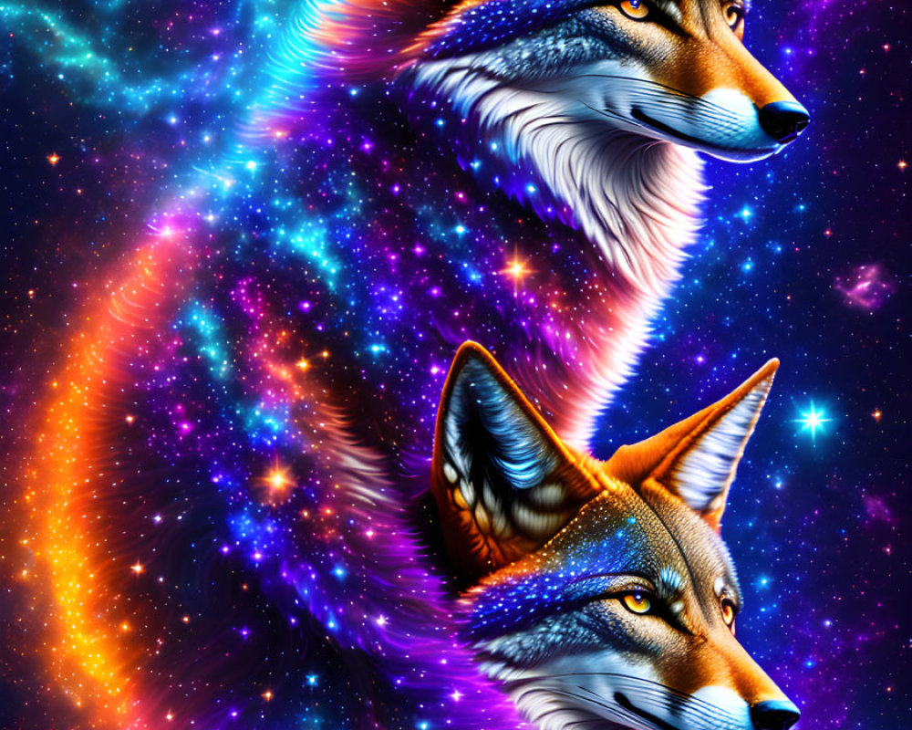 Vibrant fox faces in cosmic galaxy with stars, nebulas, and planet