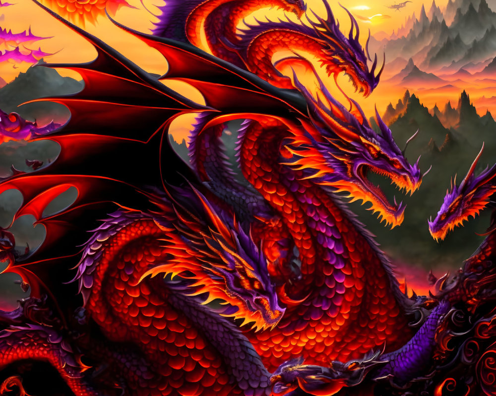 Detailed fiery red dragon illustration in dramatic sunset setting.