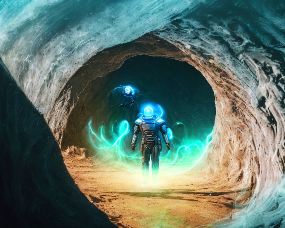 Futuristic figure in blue suit explores eerie root-lined tunnel with glowing orb