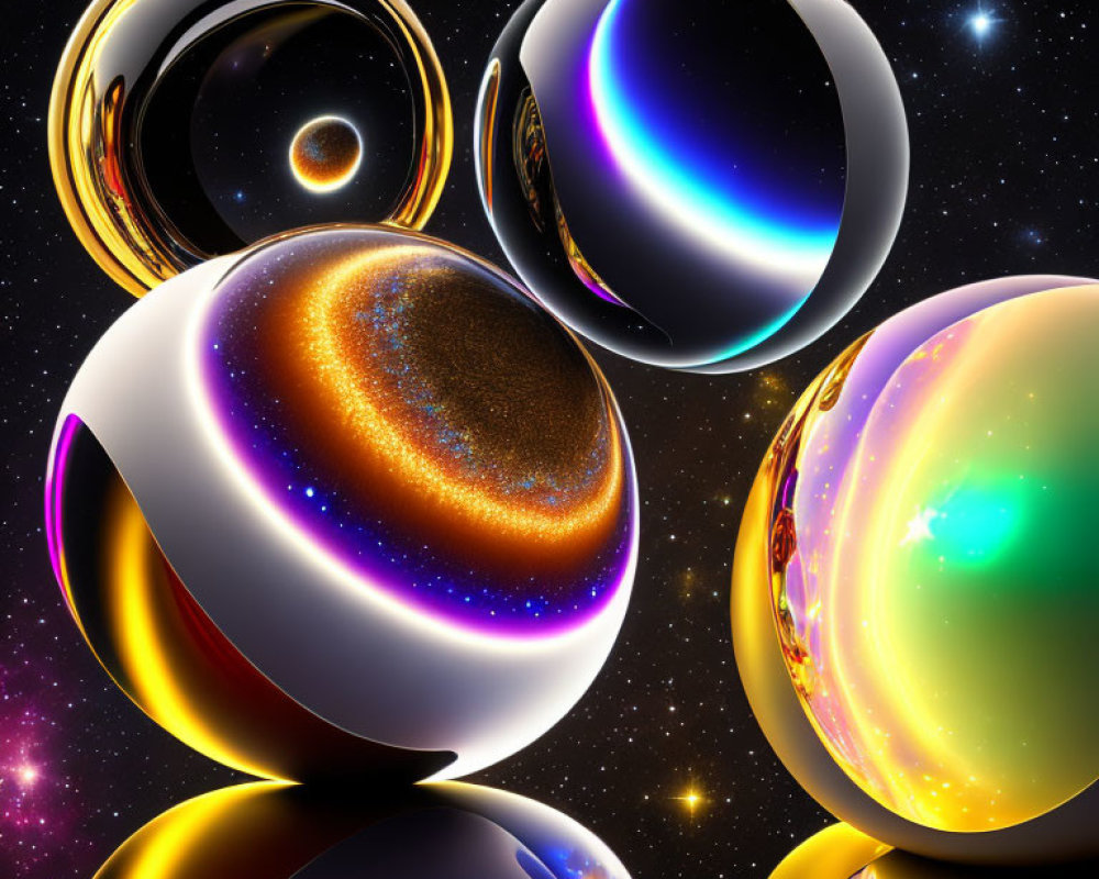 Colorful reflective spheres on cosmic background