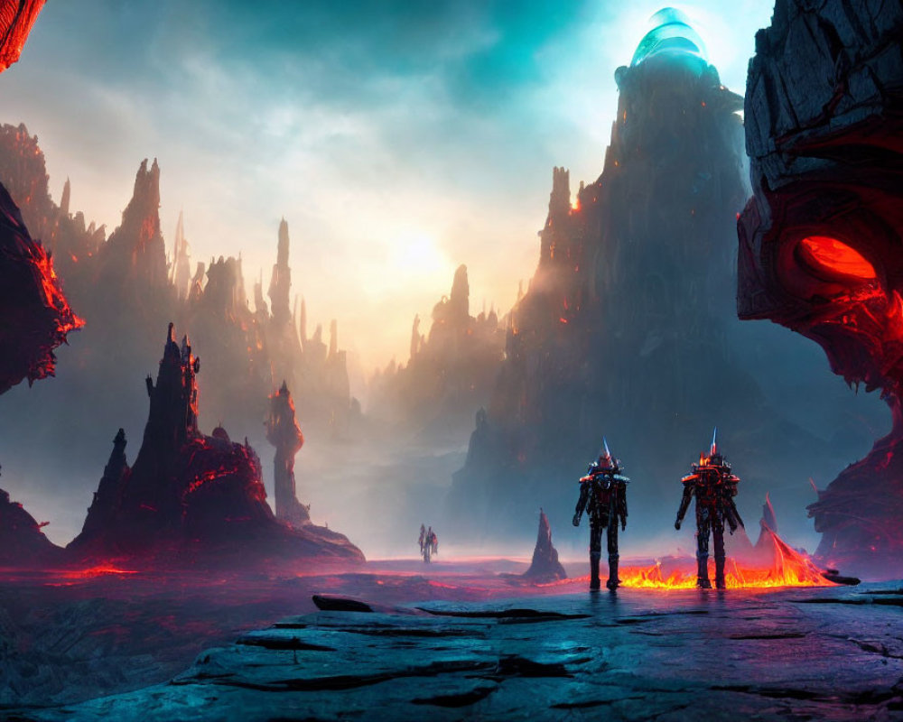 Sci-fi landscape with towering rock formations, robots, and humanoid figure under dramatic sunset